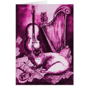 MUSICAL MOTHER'S DAY CAT & OWL ,Pink Fuchsia White Cards