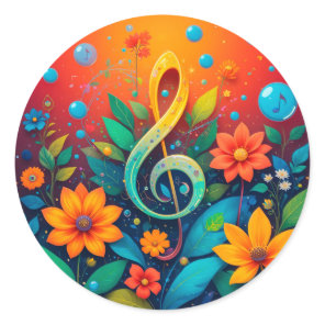🎵 Musical Note Art Colorful Floral Splash Design  Classic Round Sticker