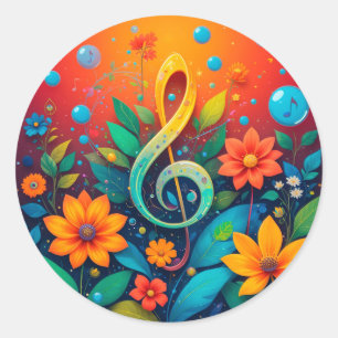 🎵 Musical Note Art Colorful Floral Splash Design  Classic Round Sticker