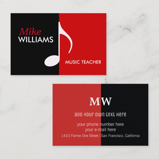 musical note on black & red modern business card (Front/Back)