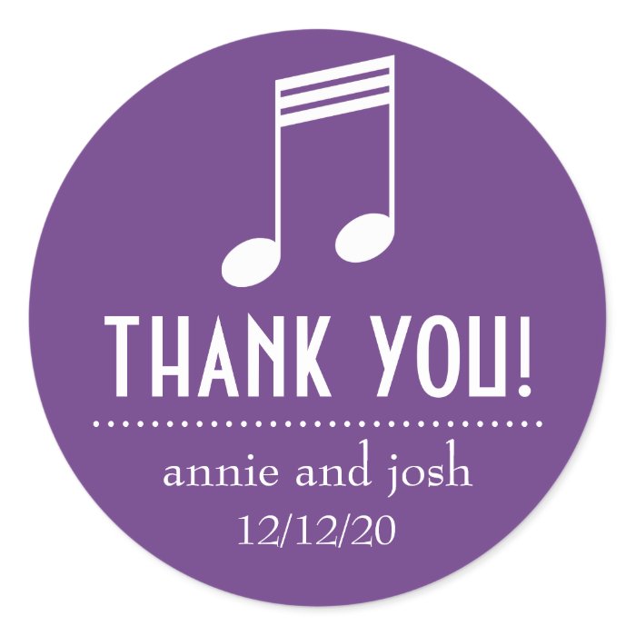 Musical Note Thank You Labels (Purple / White) Round Sticker