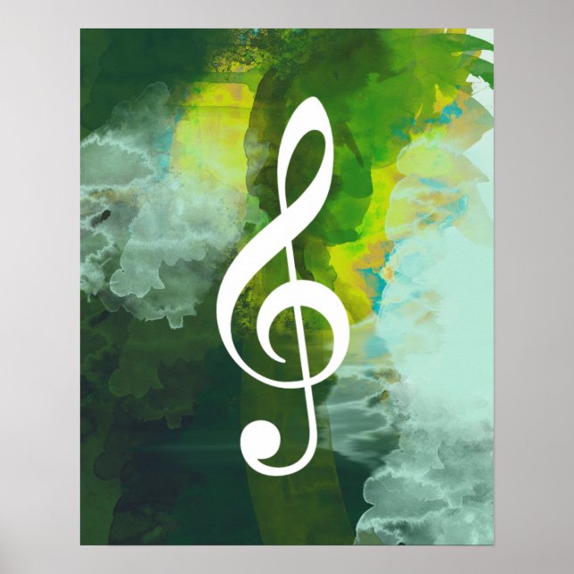 musical note, treble clef, green watercolor poster (Front)