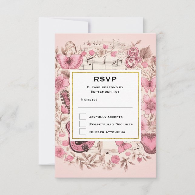 Musical Notes and Flowers Elegant Wedding RSVP (Front)