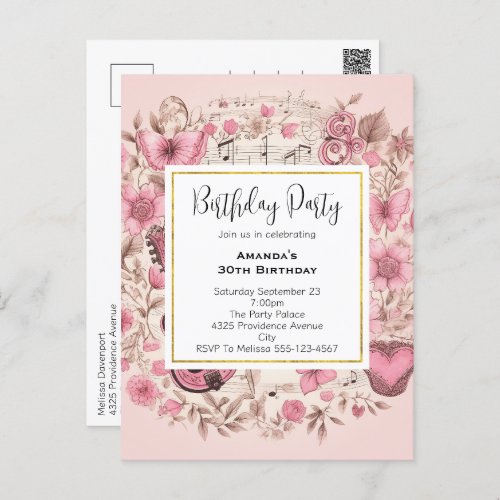 Musical Notes and Flowers Vintage Birthday Invite