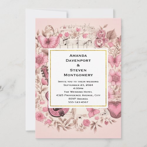 Musical Notes and Flowers Vintage Style Wedding Invitation