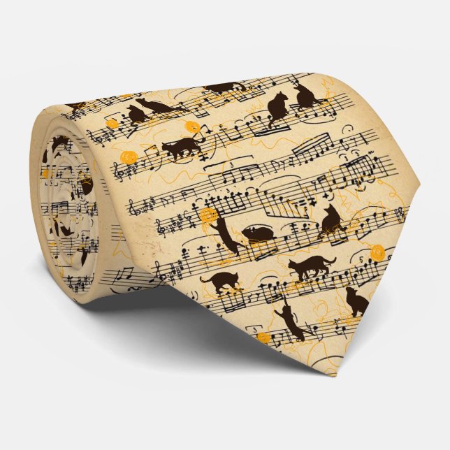 Musical notes and kittens neck tie (Rolled)