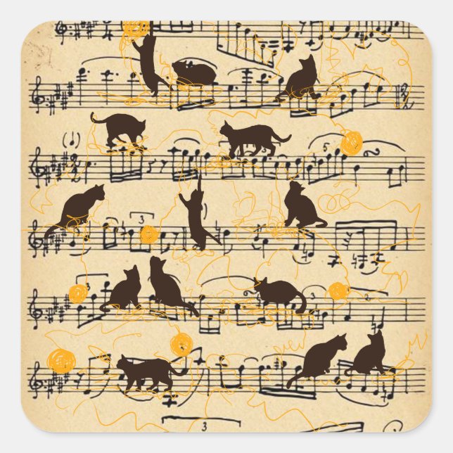 Musical notes and kittens square sticker (Front)