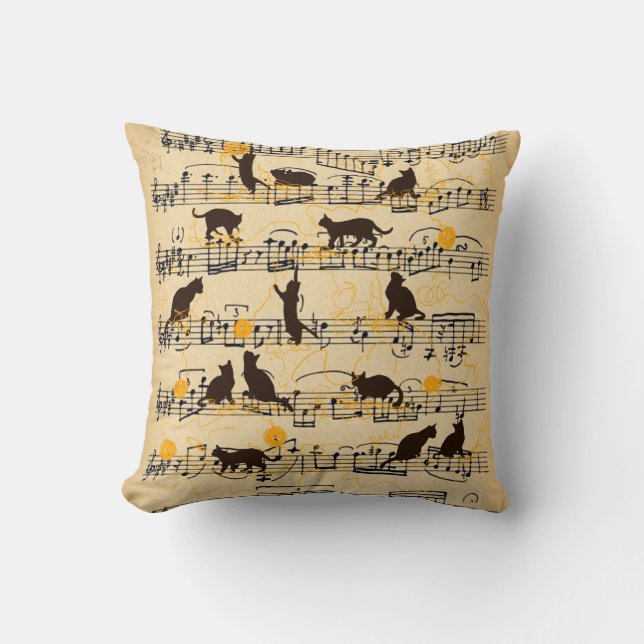 Musical notes and kittens throw pillow (Front)