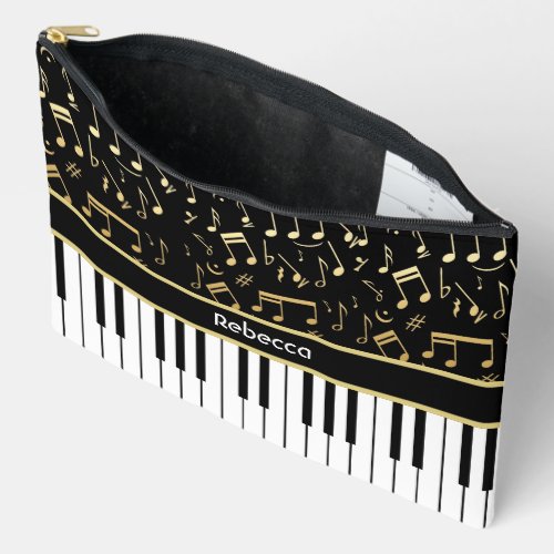 Musical Notes and Piano Keys Black and Gold Accessory Pouch