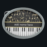 Musical Notes and Piano Keys Black and Gold Belt Buckle<br><div class="desc">An elegant design for the pianist or keyboard player - featuring keyboard keys with golden colored musical notes on a black background. The background color can be changed to any color to suit your own needs and style, Customize the text on the golden colored strip between the piano keys and...</div>