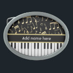 Musical Notes and Piano Keys Black and Gold Belt Buckle<br><div class="desc">An elegant design for the pianist or keyboard player - featuring keyboard keys with golden colored musical notes on a black background. The background color can be changed to any color to suit your own needs and style, Customize the text on the golden colored strip between the piano keys and...</div>
