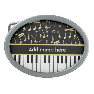 Musical Notes and Piano Keys Black and Gold Belt Buckle