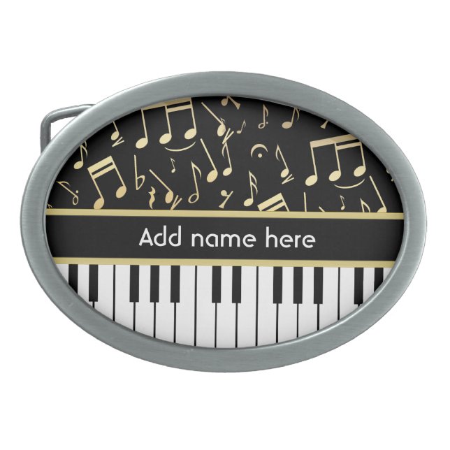 Musical Notes and Piano Keys Black and Gold Belt Buckle (Front)