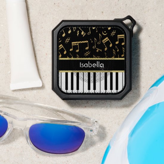 Musical Notes and Piano Keys Black and Gold Bluetooth Speaker