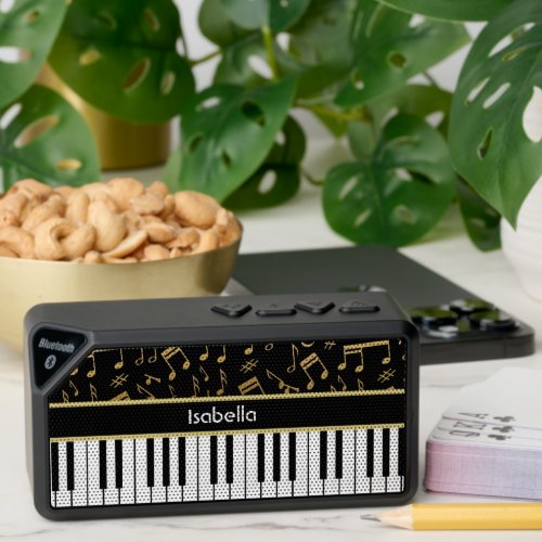 Musical Notes and Piano Keys Black and Gold Bluetooth Speaker