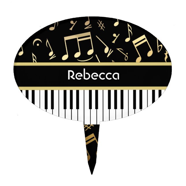 Musical Notes and Piano Keys Black and Gold Cake Topper (Front)