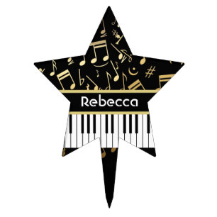 Musical Notes and Piano Keys Black and Gold Cake Topper
