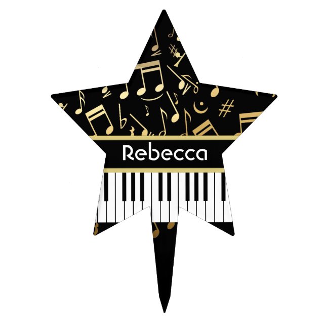 Musical Notes and Piano Keys Black and Gold Cake Topper (Front)