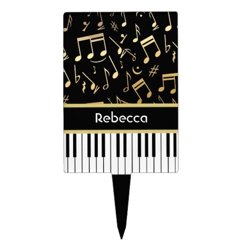 Musical Notes and Piano Keys Black and Gold Cake Topper
