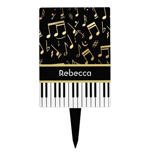 Musical Notes and Piano Keys Black and Gold Cake Topper (Front)
