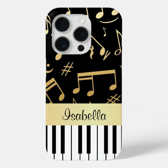 Musical Notes and Piano Keys Black and Gold iPhone 15 Pro Case