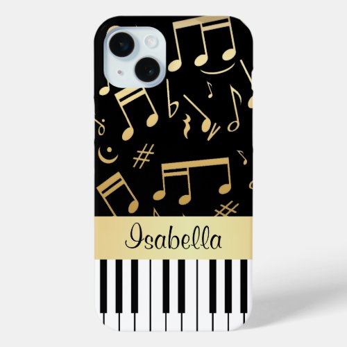 Musical Notes and Piano Keys Black and Gold iPhone 15 Plus Case