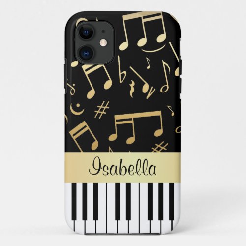 Musical Notes and Piano Keys Black and Gold iPhone 11 Case