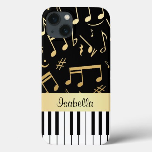Musical Notes and Piano Keys Black and Gold iPhone 13 Case