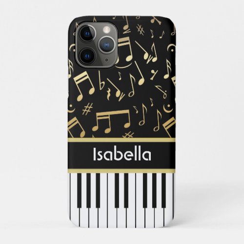 Musical Notes and Piano Keys Black and Gold iPhone 11 Pro Case