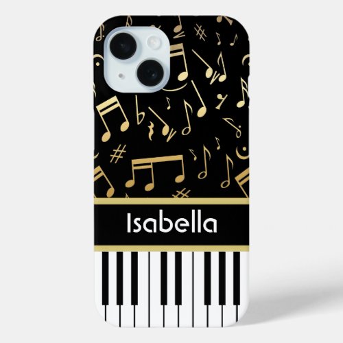 Musical Notes and Piano Keys Black and Gold iPhone 15 Case