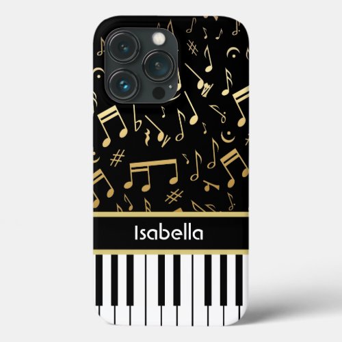 Musical Notes and Piano Keys Black and Gold iPhone 13 Pro Case