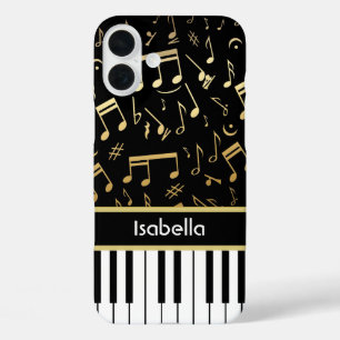 Musical Notes and Piano Keys Black and Gold iPhone 16 Plus Case