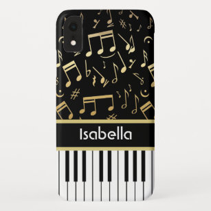 Musical Notes and Piano Keys Black and Gold iPhone XR Case