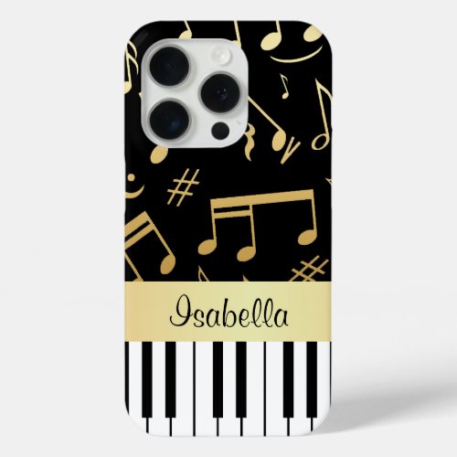 Musical Notes and Piano Keys Black and Gold iPhone 15 Pro Case