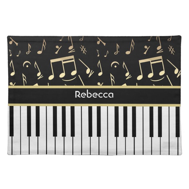 Musical Notes and Piano Keys Black and Gold Cloth Placemat (Front)