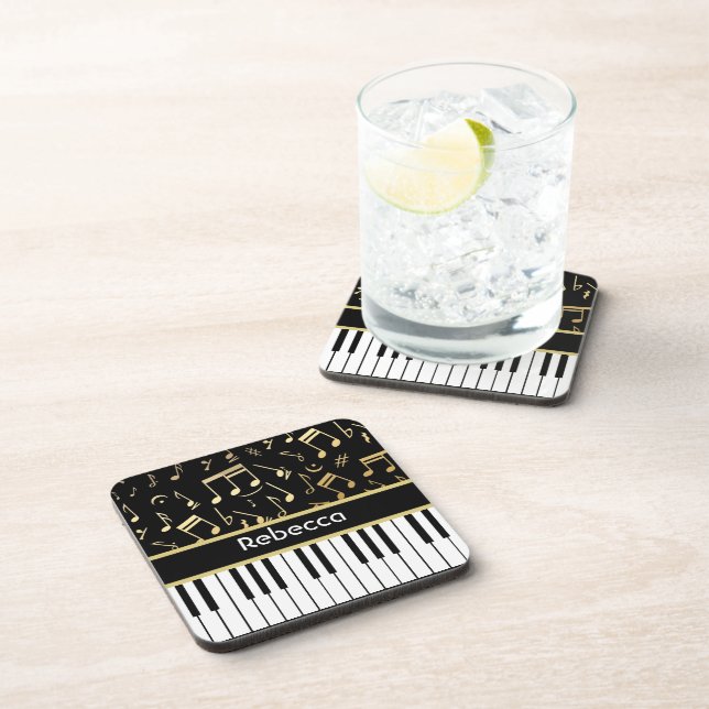 Musical Notes and Piano Keys Black and Gold Coaster (Right Side)
