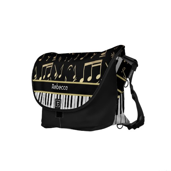 Musical Notes and Piano Keys Black and Gold Courier Bag
