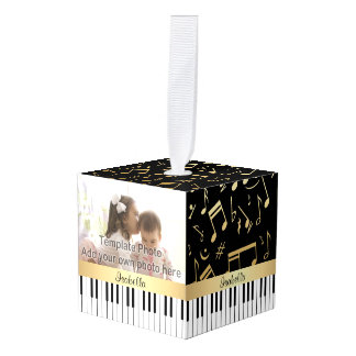 Musical Notes and Piano Keys Black and Gold Cube Ornament