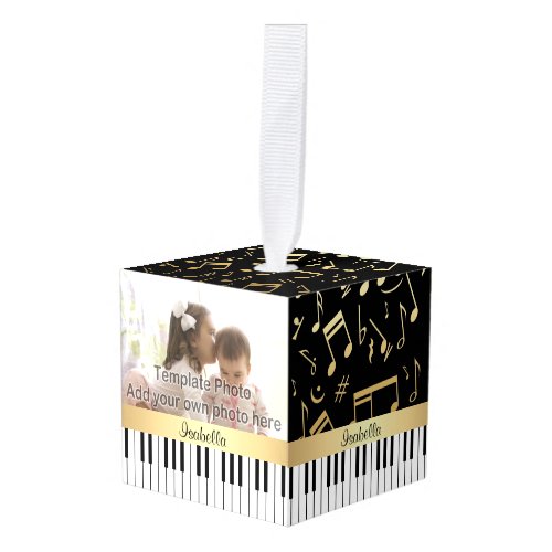 Musical Notes and Piano Keys Black and Gold Cube Ornament