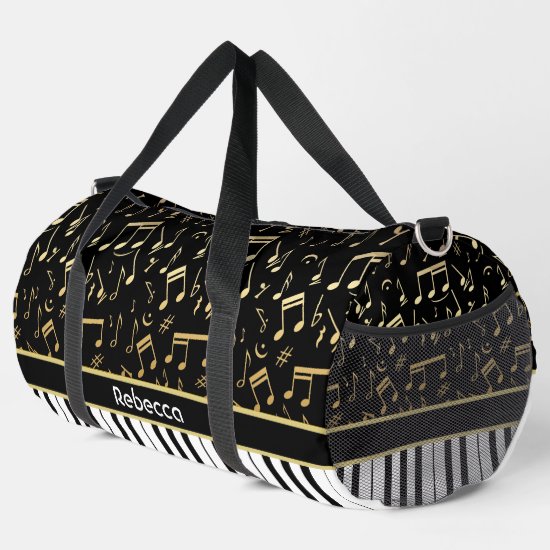 Musical Notes and Piano Keys Black and Gold Duffle Bag