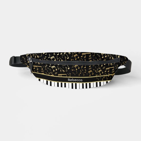 Musical Notes and Piano Keys Black and Gold Fanny Pack