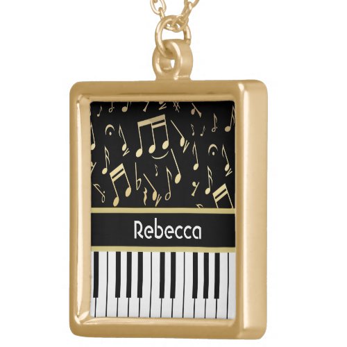 Musical Notes and Piano Keys Black and Gold Gold Plated Necklace