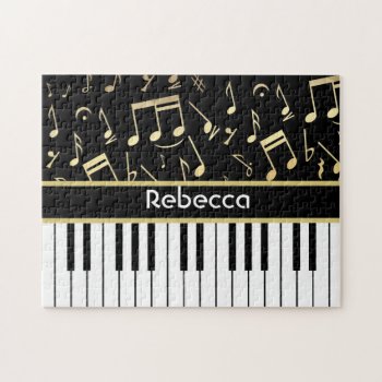 Musical Notes And Piano Keys Black And Gold Jigsaw Puzzle by giftsbonanza at Zazzle