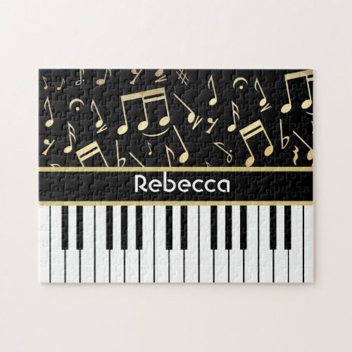 Musical Notes and Piano Keys Black and Gold Jigsaw Puzzle