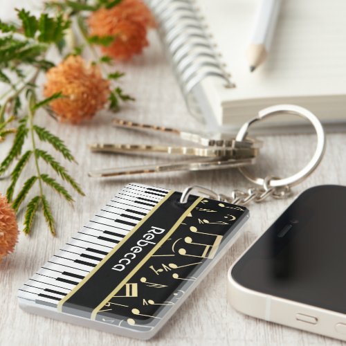Musical Notes and Piano Keys Black and Gold Keychain