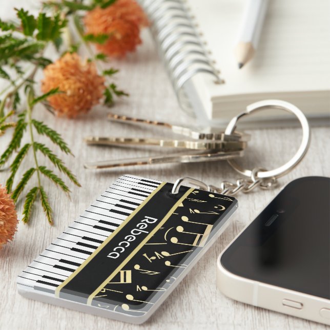 Musical Notes and Piano Keys Black and Gold Keychain (Front Right)