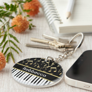 Musical Notes and Piano Keys Black and Gold Keychain