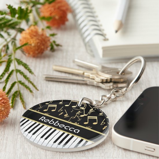Musical Notes and Piano Keys Black and Gold Keychain