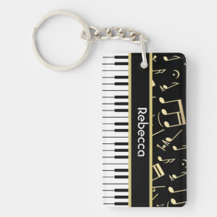 Musical Notes and Piano Keys Black and Gold Keychain