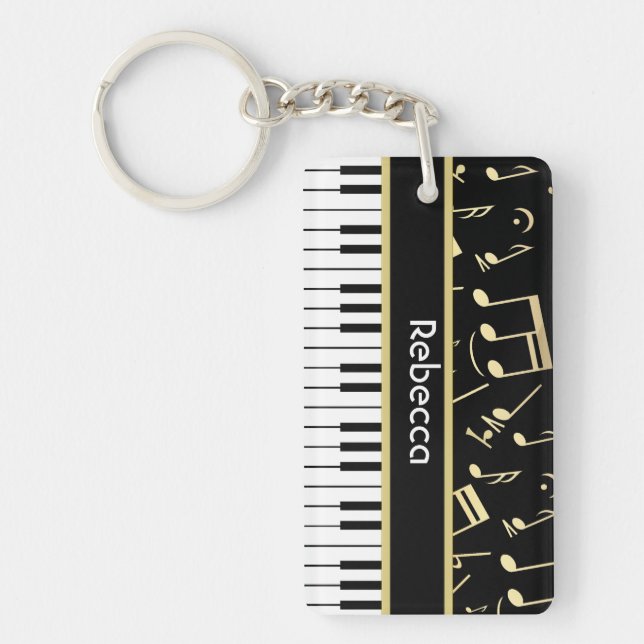 Musical Notes and Piano Keys Black and Gold Keychain (Front)